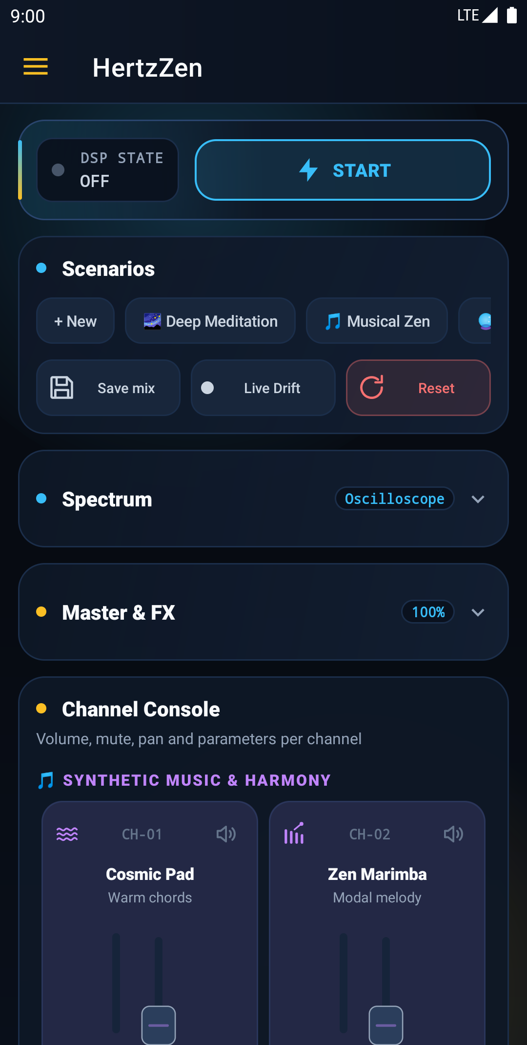 HertzZen home screen with the DSP console